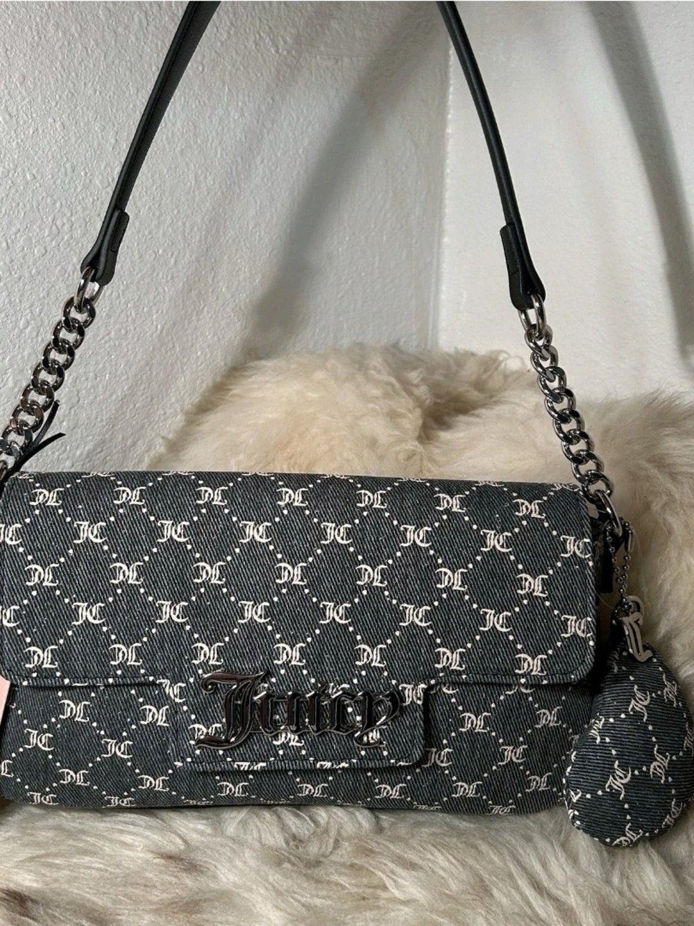 NWT NEW RELEASE Juicy Couture Black/Pink Monogram Chain Shoulder Bag